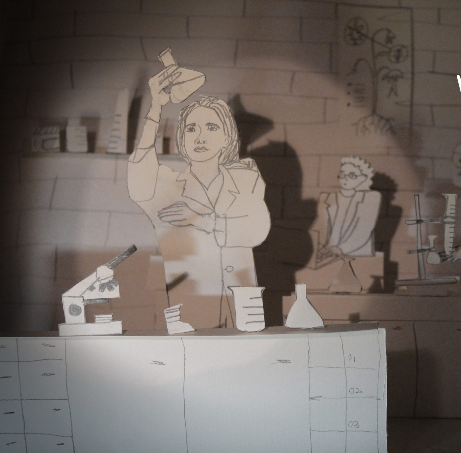 Paper diorama of researchers working in a laboratory